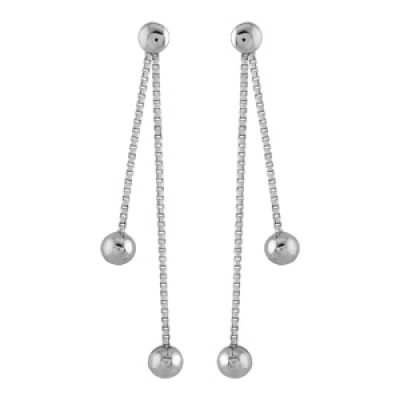 Boucles d'oreilles pendantes en argent rhodié chaînettes en maille vénitienne avec boules lisses et fermoir poussette