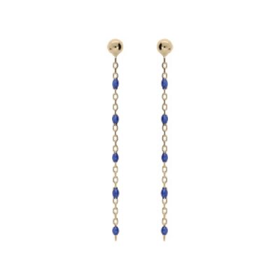 Boucles d'oreille en argent et dorure jaune chaînette avec perles bleu foncé et  fermoir poussette