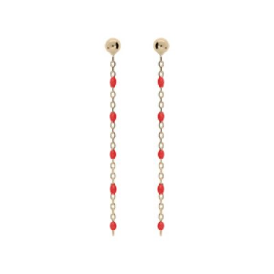 Boucles d'oreille en argent et dorure jaune chaînette avec perles rouge et fermoir poussette