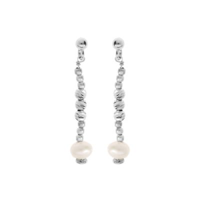 Boucles d'oreille en argent rhodié boules diamantées avec perle de culture d'eau douce blanche suspendue et fermoir poussette