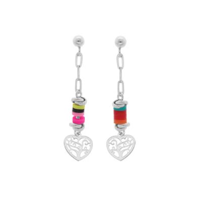 Boucles d'oreille en argent rhodié cocktail couleurs vives avec coeur suspendu et fermoir poussette