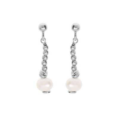Boucles d'oreille en argent rhodié avec perle de culture d'eau douce blanche suspendue et fermoir poussette
