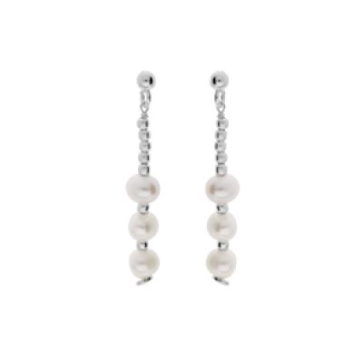 Boucles d'oreille en argent rhodié perles de culture d'eau douce blanches suspendues et perles argent et fermoir poussette