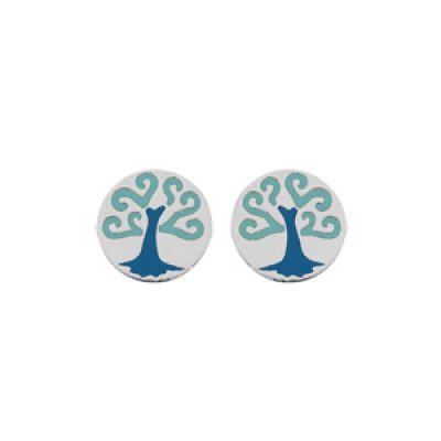 Boucles d'oreille en argent rhodié pastille avec arbre de vie émaillé bleu et fermoir poussette