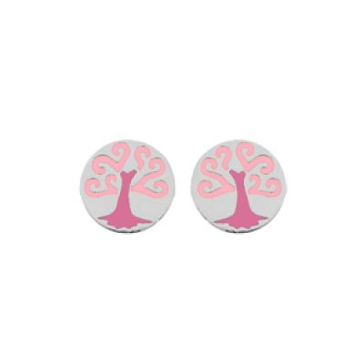 Boucles d'oreille en argent rhodié arbre de vie émaillé rose et fermoir poussette