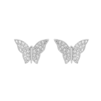 Boucles d'oreille en argent rhodié papillon pavé d'oxydes blancs sertis et fermoir poussette