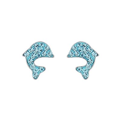 Boucles d'oreilles en argent rhodié dauphin avec strass bleu ciel et fermoir poussette
