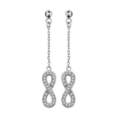 Boucles d'oreilles pendantes en argent rhodié chaînette avec infini orné d'oxydes blancs sertis petit modèle et fermoir poussette