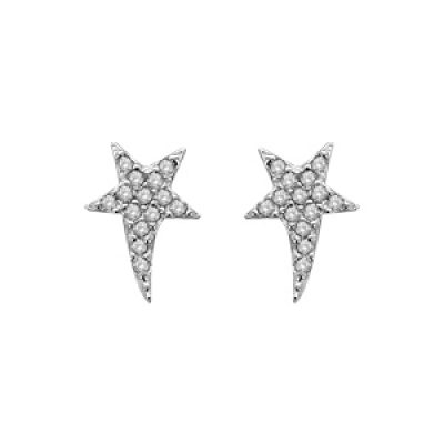 Boucles d'oreilles en argent rhodié étoile ornée d'oxyde blancs avec 1 branche plus longue et fermoir poussette