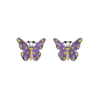 Boucles d'oreilles pour enfant en argent rhodié papillon violet et jaune avec fermoir poussette