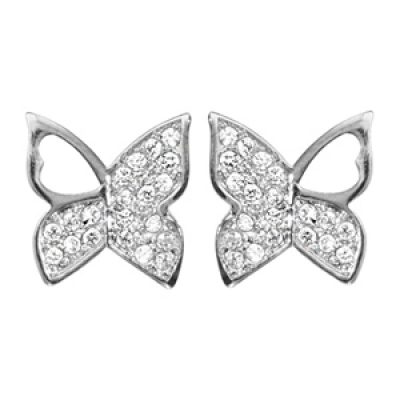 Boucles d'oreilles en argent rhodié papillon avec ailes pavées d'oxydes blancs sertis  et fermoir poussette