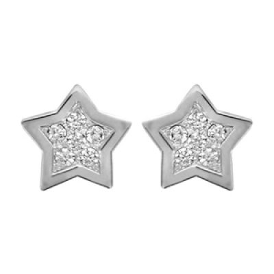 Boucles d'oreilles en argent rhodié étoile pavée d'oxydes blancs sertis avec bords lisses et fermoir poussette