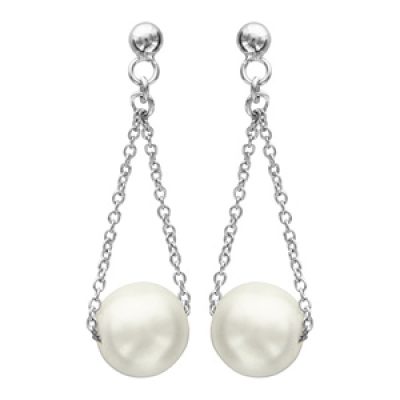 Boucles d'oreilles pendantes en argent rhodié chaînette retenant 1 perle blanche de synthèse et fermoir poussette