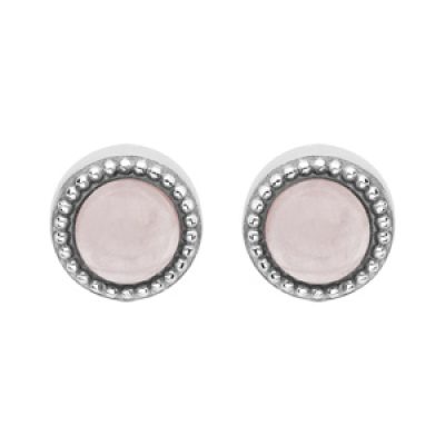 Boucles d'oreille en argent rhodié pierre Quartz rose véritable contour perlé et fermoir poussette