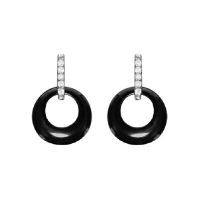 Boucles d'oreilles en argent rhodié cercle céramique noire et oxydes blancs fermoir poussette