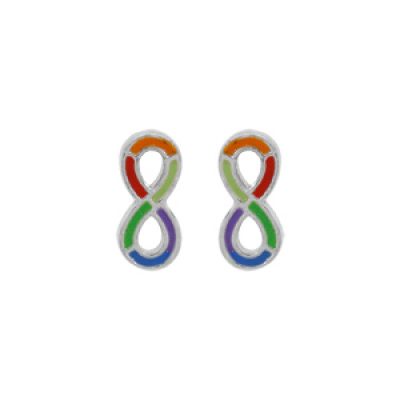 Boucles d'oreille en argent rhodié motif infini coloré et fermoir poussette