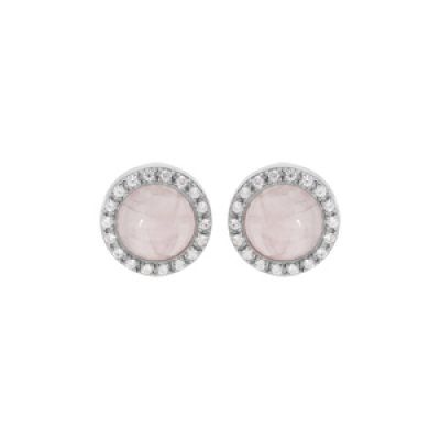 Boucles d'oreille en argent rhodié pierre Quartz rose naturelle contour d'oxydes blancs sertis et fermoir poussette