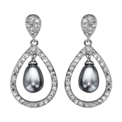 Boucles d'oreilles pendantes en argent rhodié forme goutte ornée d'oxydes blancs avec perle grise suspendue et fermoir poussette