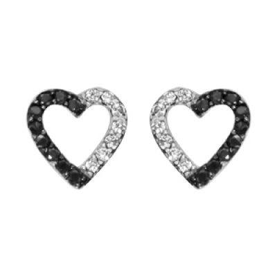 Boucles d'oreilles en argent rhodié coeur évidé avec oxydes blancs et noirs et fermoir poussette