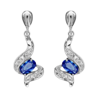 Boucles d'oreilles pendantes en Argent rhodié collection joaillerie vagues ornées d'oxydes blancs avec oxyde ovale bleu et fermoir poussette
