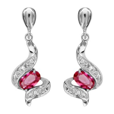 Boucles d'oreilles pendantes en argent rhodié collection joaillerie vagues ornées d'oxydes blancs avec oxyde ovale rouge et fermoir poussette