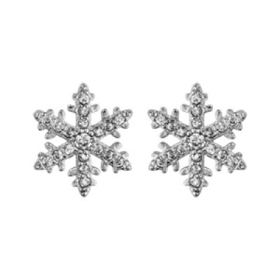 Boucles d'oreilles en argent rhodié flocon de neige orné d'oxydes blancs sertis et fermoir poussette
