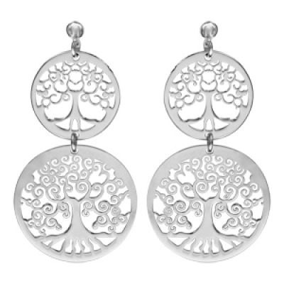 Boucles d'oreilles pendantes en argent rhodié 2 ronds suspendus avec motif arbre de vie découpé et fermoir poussette