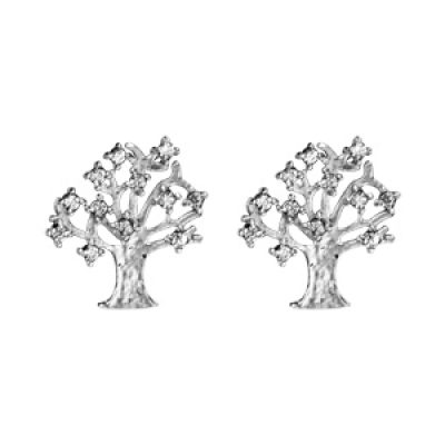 Boucles d'oreilles en argent rhodié arbre de vie avec oxydes blancs sertis au bout des branches et fermoir poussette