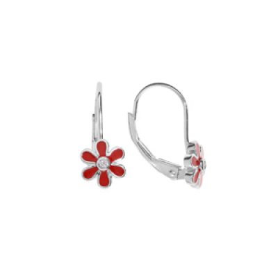Boucles d'oreille en argent rhodi  fleur rouge avec oxyde blanc et fermoir dormeuse
