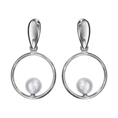 Boucles d'oreilles pendantes en argent rhodié cercle avec perle blanche et fermoir poussette