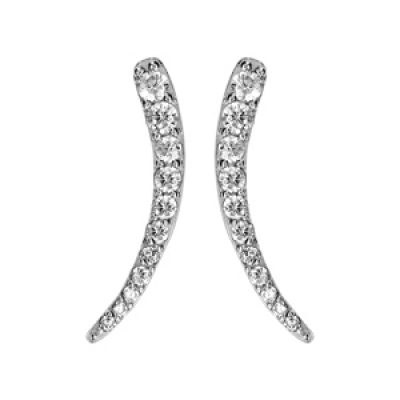 Boucles d'oreilles en argent rhodié en forme de virgule ornée d'oxydes blancs sertis et fermoir poussette