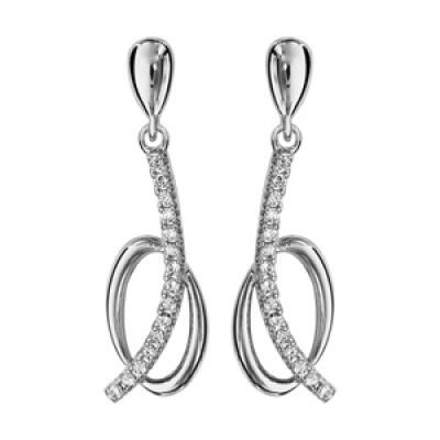 Boucles d'oreilles pendantes en argent rhodié 1 rail courbé d'oxydes blancs suspendu et ovale lisse et fermoir poussette