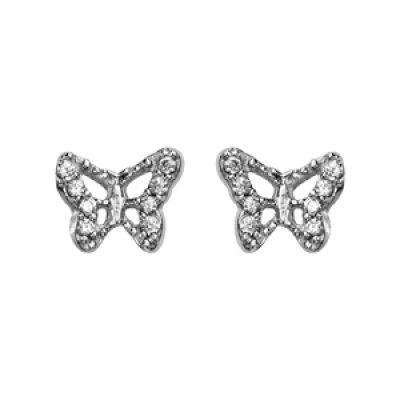 Boucles d'oreilles en argent rhodié papillon avec ailes ajourées et ornées d'oxydes blancs sertis et fermoir poussette