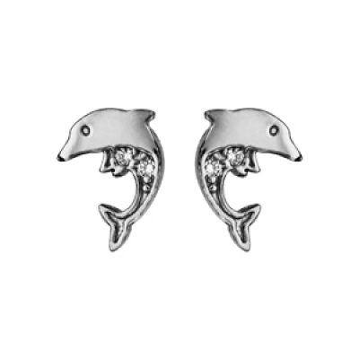 Boucles d'oreilles en argent rhodié dauphin avec 1 moitié lisse et l'autre ornée d'oxydes blancs et fermoir poussette