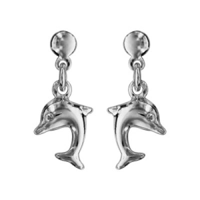 Boucles d'oreilles pendantes en argent rhodié dauphin suspendu et fermoir poussette