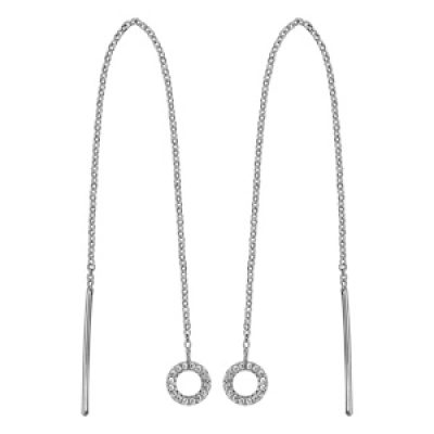 Boucles d'oreilles passantes en argent rhodié chaînette avec baguette à 1 extrémité et anneau orné d'oxydes blancs sertis à l'autre