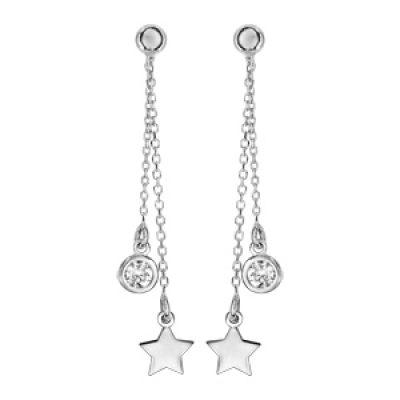 Boucles d'oreilles pendantes en argent rhodié chaînette avec pampille étoile et pampille oxyde blanc serti fermoir poussette