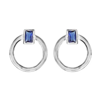 Boucles d'oreilles en argent rhodié anneau avec élément rectangulaire orné d'1 oxyde bleu foncé - fermoir poussette