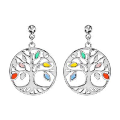 Boucles d'oreilles pendantes en argent rhodié arbre de vie multicolore et ajouré fermoir poussette