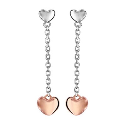 Boucles d'oreilles pendantes en argent rhodié avec chaînette et 2 cœurs doré rose et argent fermoir poussette