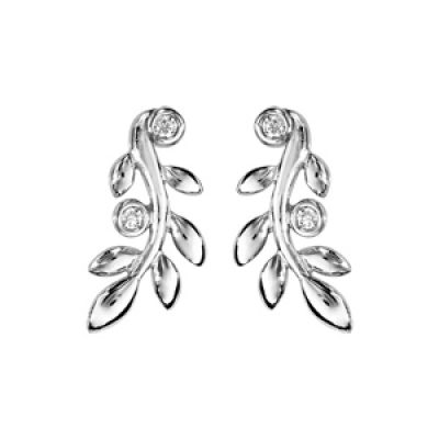 Boucles d'oreilles en argent rhodié branche avec feuilles lisses et oxydes blancs sertis - fermoir poussette