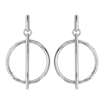 Boucles d'oreilles pendantes en argent rhodié anneau avec tige lisse verticale et fermoir poussette