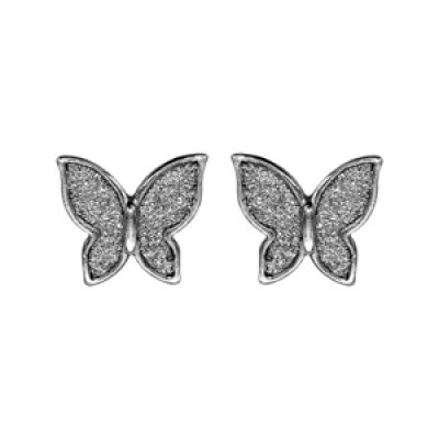Boucles d'oreille en argent rhodié papillon "glitter" pailleté et fermoir poussette