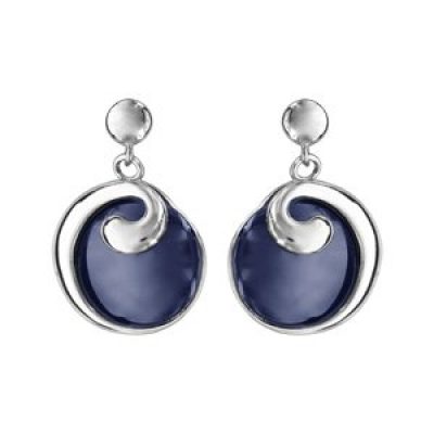 Boucles d'oreilles pendantes en argent rhodié rond en céramique bleu marine avec moitié du tour lisse et fermoir poussette
