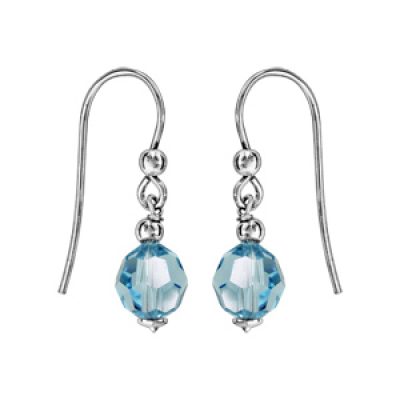 Boucles d'oreilles pendantes en argent rhodié avec boule cristal bleu ciel facettée fermoir crochet