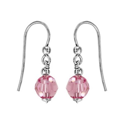 Boucles d'oreilles pendantes en argent rhodié avec boule cristal rose facettée et fermoir crochet