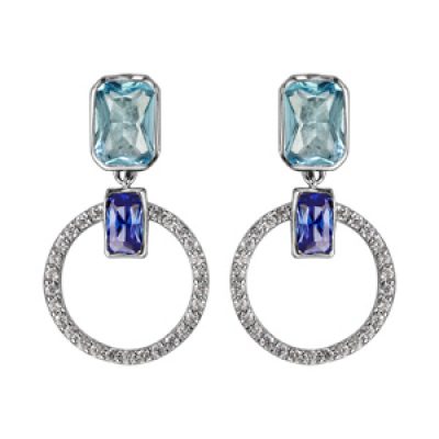 Boucles d'oreilles pendantes en argent rhodié collection joaillerie petit cercle avec pierre bleu ciel et fermoir poussette