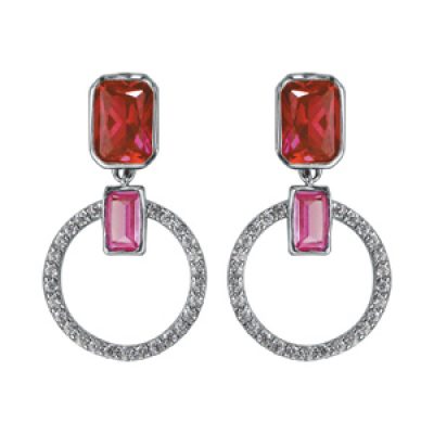 Boucles d'oreilles pendantes en argent rhodié collection joaillerie petit cercle avec pierre rouge et fuschia fermoir poussette