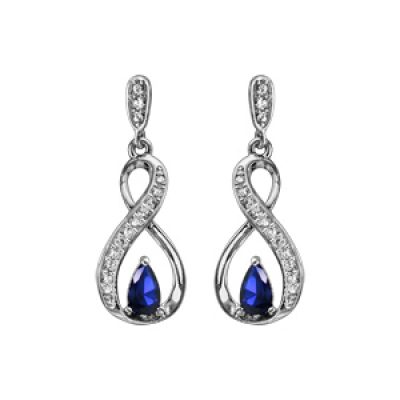 Boucles d'oreilles pendantes en argent rhodié collection joaillerie infini et pierre bleu foncé fermoir poussette