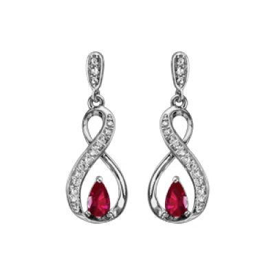 Boucles d'oreilles pendantes en Argent rhodié collection joaillerie infini et pierre rouge fermoir poussette
